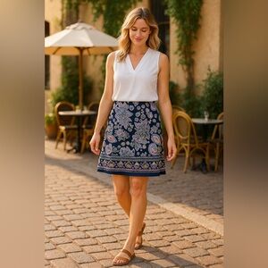 Talbots Preppy Office or Club Ready Navy and Pink Paisley A-Line Skirt Size 2